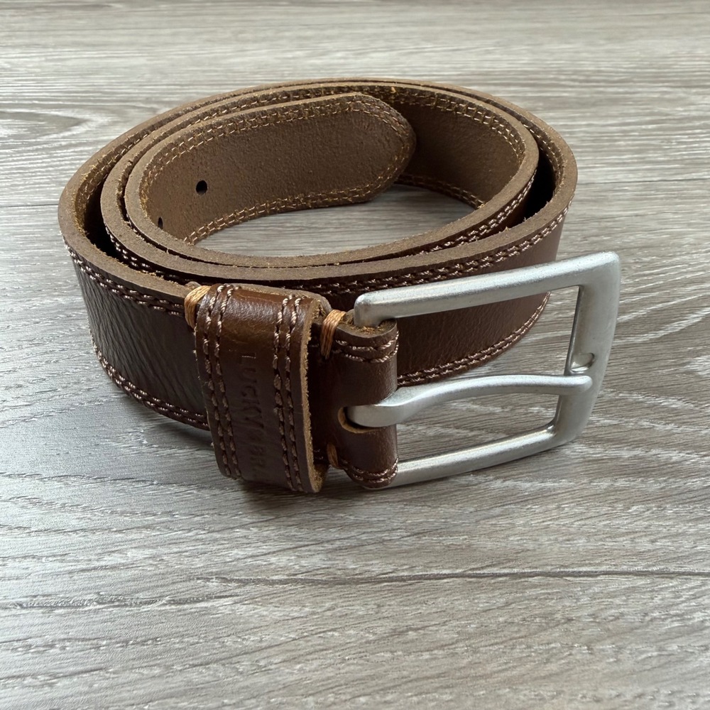 Lucky Brand Mens Leather Belt Triple Stitch Casual Brown 32